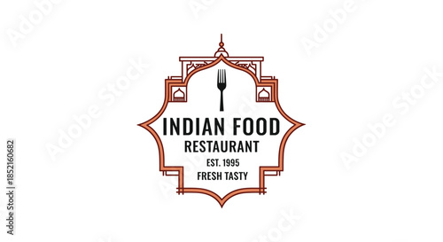 An elegant line art logo for an Indian food restaurant, featuring a fork inside an ornate frame inspired by traditional architecture.