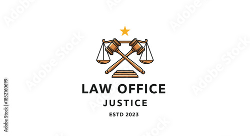 A professional law office logo featuring crossed gavels and the scales of justice with a star above, rendered in a clean line art style.