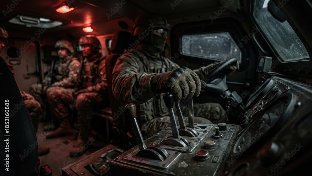 Obraz premium Soldier driving military vehicle in first-person view, with fellow soldiers seated behind. Armed conflict and war concept for defense and security related content.