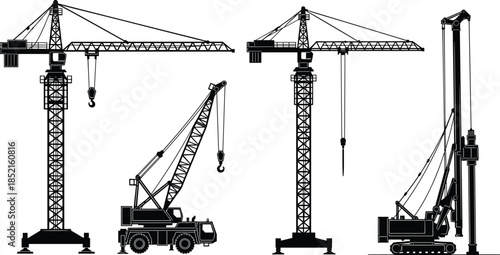 Construction crane silhouette set, tower mobile and crawler cranes with hooks, industrial heavy machinery equipment icons isolated on white background