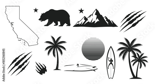 A versatile set of black silhouette icons representing California, including the state map, a bear, mountains, palm trees, and surfing.