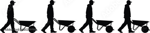 Construction worker silhouette pushing wheelbarrow, laborer walking sequence, manual work and building industry concept, black silhouette illustration