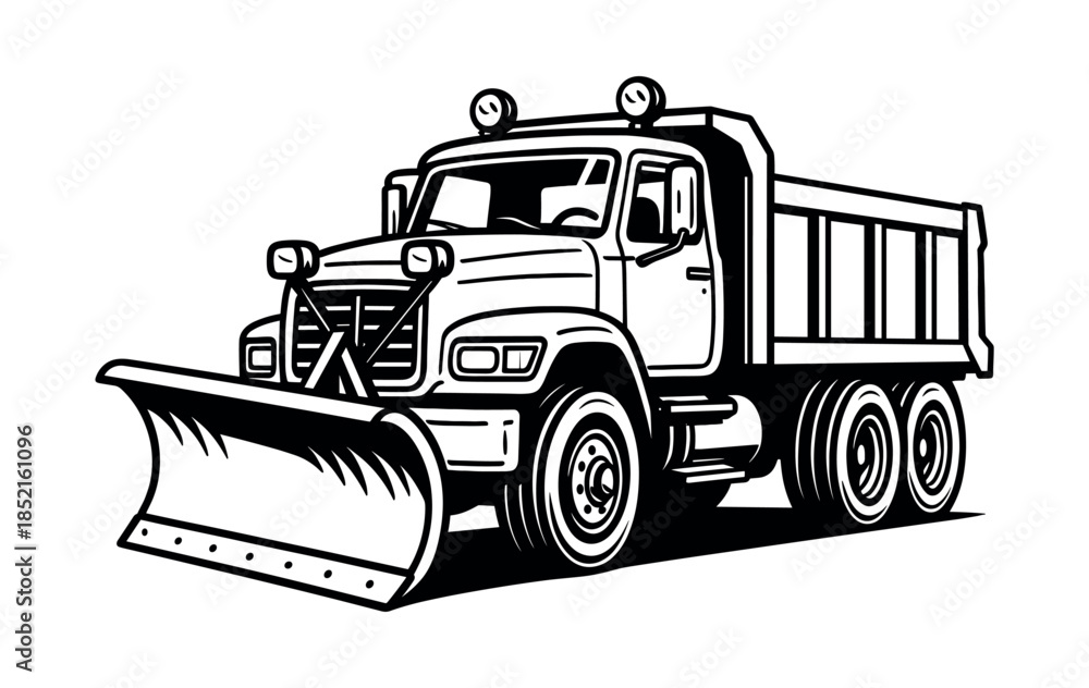 Naklejka premium Snow plow truck, flat vector illustration, black and white style, winter vehicle