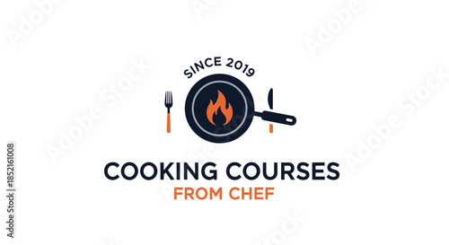 A modern and clean logo for cooking courses, featuring a flaming frying pan encircled by 'Since 2019' with a fork and knife.