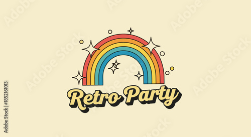 A fun and groovy 'Retro Party' logo with 70s-style typography, a sparkling rainbow, and a nostalgic, celebratory vibe on a cream background.