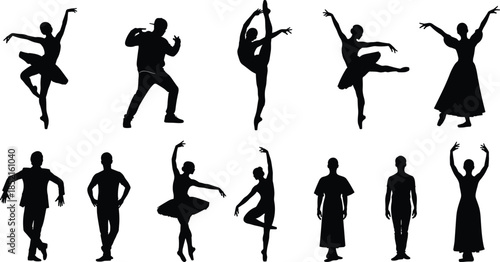 Dancer silhouettes collection, ballet and street dance poses, male and female performers, artistic movement illustration isolated set