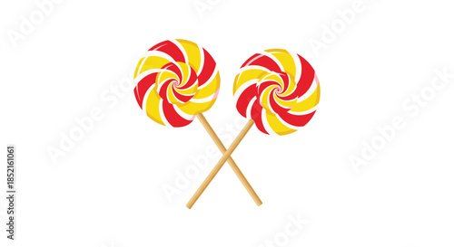 A colorful illustration of two red and yellow swirled lollipops on wooden sticks, crossed in the center and isolated on a white background.