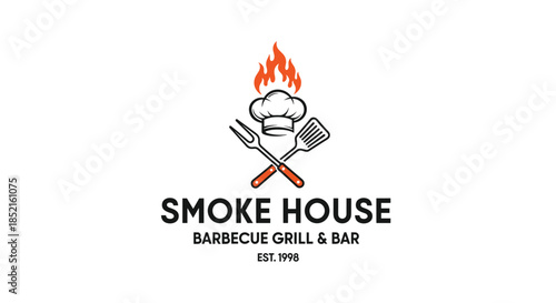 A classic smokehouse and barbecue grill logo featuring a flaming chef hat above a crossed fork and spatula with vintage typography.