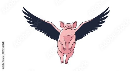 A humorous cartoon illustration of a happy pink pig with large black wings, soaring through the air as if in flight on white background.
