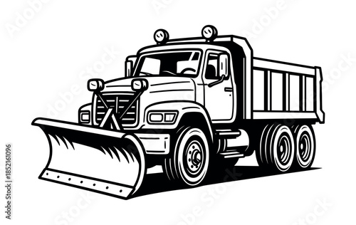 Snow plow truck, flat vector illustration, black and white style, winter vehicle