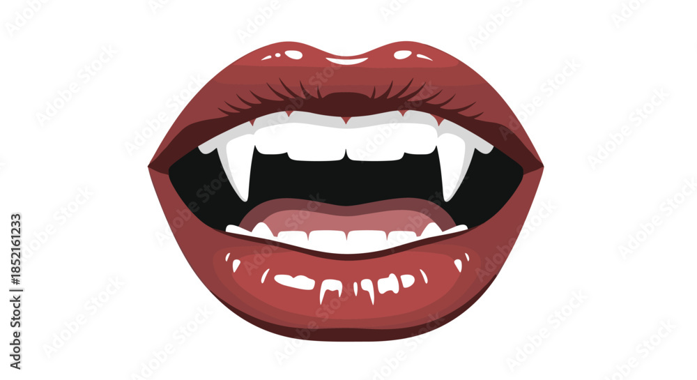 Obraz premium A detailed vector illustration of a vampire's open mouth with glossy red lips, white teeth, and long, sharp fangs on a clean background.