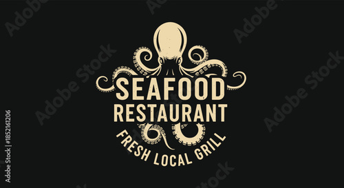A striking vintage logo for a seafood restaurant and grill, featuring a large octopus with its tentacles wrapping around the text.