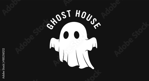 A simple and spooky cartoon logo for a 'Ghost House,' featuring a cute white ghost with large black eyes on a solid black background.