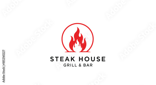 A modern and minimalist logo for a steak house and grill, featuring a red flame icon contained within a simple circle design element.