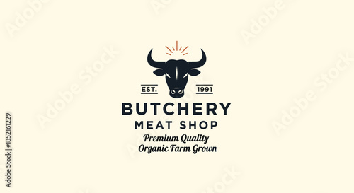 A classic vintage logo for a butchery meat shop, featuring a bull's head with radiating lines and retro 'Premium Quality' typography.