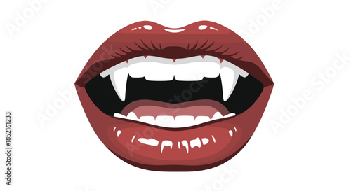 A detailed vector illustration of a vampire's open mouth with glossy red lips, white teeth, and long, sharp fangs on a clean background.