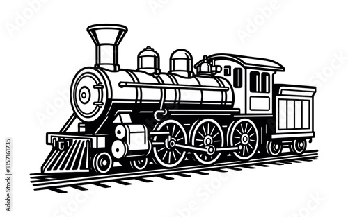 Steam locomotive design, train engine, black and white, flat vector illustration