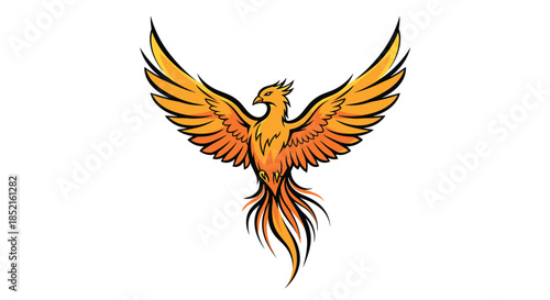 A powerful and dynamic illustration of a fiery orange phoenix rising with its wings spread, drawn in a vibrant, sketchy art style.