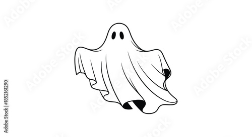 A simple black and white line art illustration of a classic floating ghost with a sheet over its head and two dark, hollow eyes.