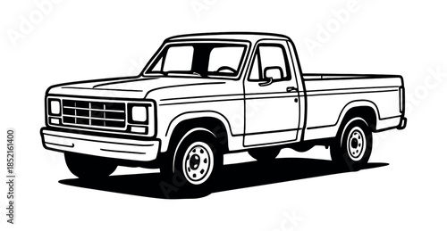 Pickup truck vector illustration, vintage, black and white, flat vector style