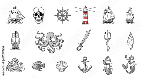 A large collection of vintage hand-drawn nautical and pirate icons, including ships, a skull, octopus, mermaid, and other sea elements.