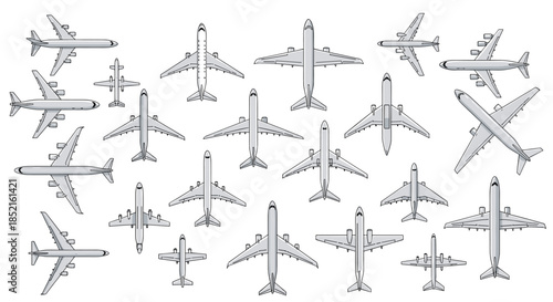 A large and detailed collection of various airplanes and passenger jets seen from a top-down perspective, in a technical drawing style.