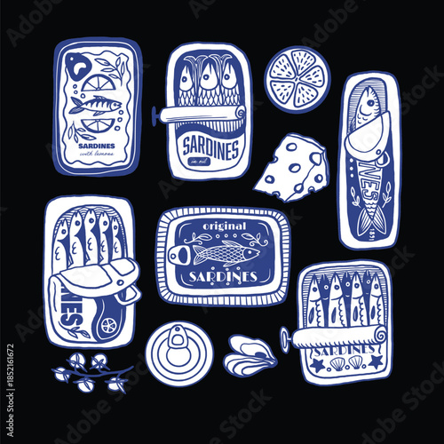 Sardina isolated vector pattern with vintage sardine cans hand drawn nautical illustration.