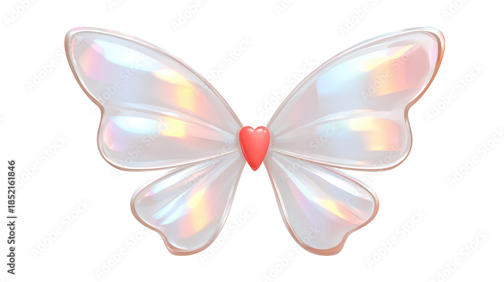 Fototapeta premium Iridescent butterfly wings with glossy pearl texture and pink heart center, reflecting light in magical, dreamy style, perfect for fantasy or whimsical design themes