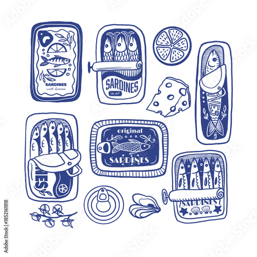 Sardina isolated vector pattern with vintage sardine cans hand drawn nautical illustration.