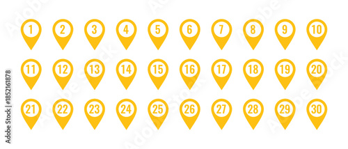 Yellow Numbered Location Pins 1 to 30 map marker navigation Isolated On Transparent Background