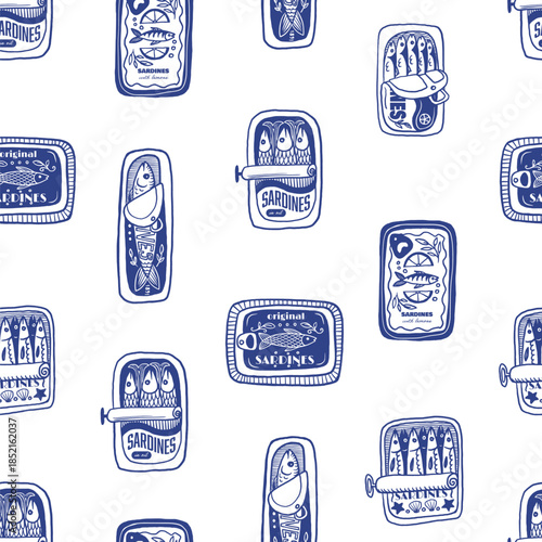 Sardina seamless vector pattern with vintage sardine cans hand drawn nautical illustration