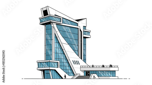 A striking, modern architectural illustration of a futuristic skyscraper with sharp angles and glass facades.