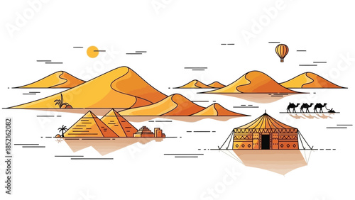 A vibrant illustration depicting a desert landscape with iconic Egyptian pyramids, a Bedouin tent, camels, sand dunes, and a hot air balloon under a bright sun.