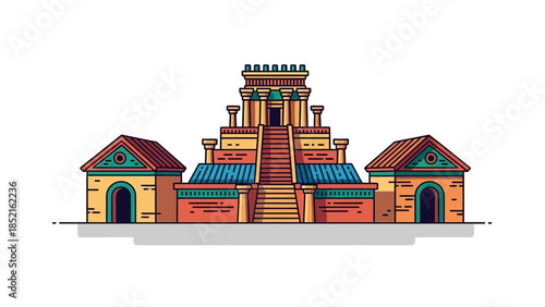A stylized illustration of an ancient Mesopotamian ziggurat with flanking buildings, rendered in a flat, colorful design.