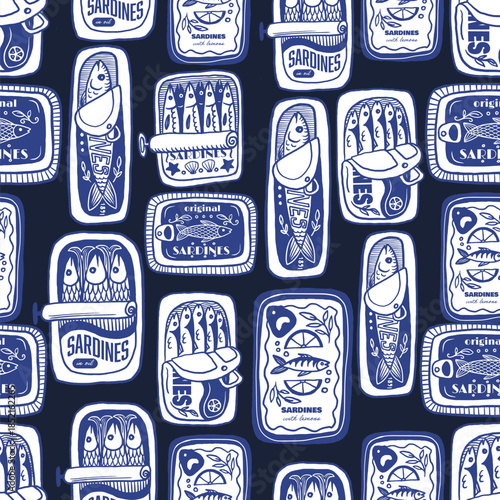 Sardina seamless vector pattern with vintage sardine cans hand drawn nautical illustration