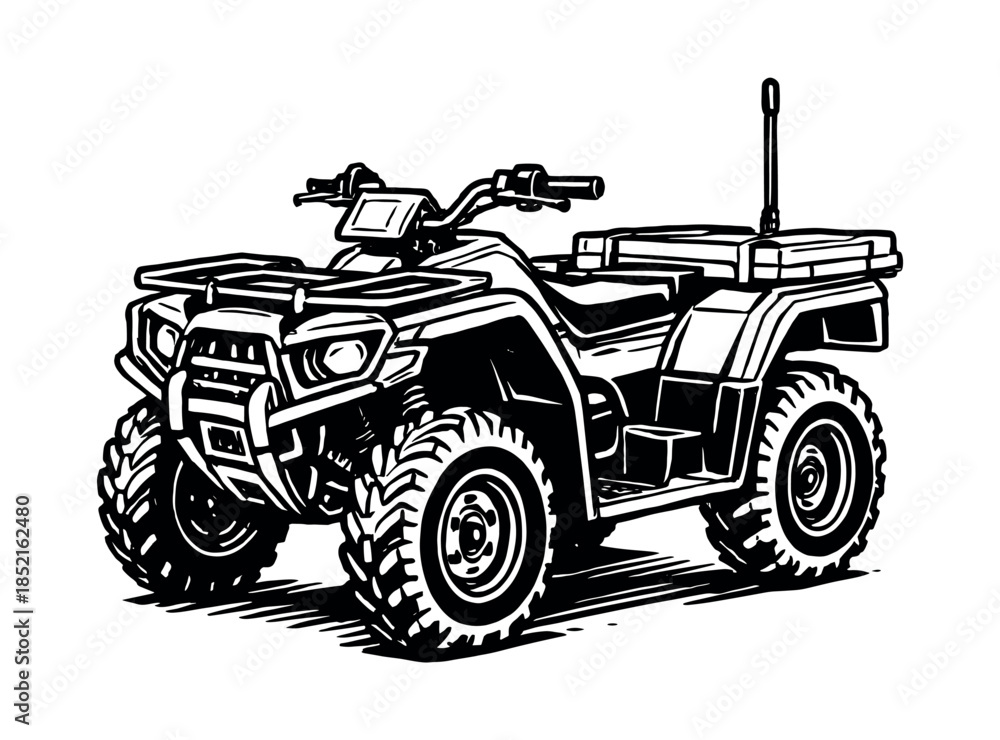 Obraz premium All-terrain vehicle, quad bike, rugged outdoor utility machine, flat vector illustration