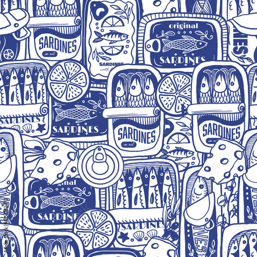 Sardina seamless vector pattern with vintage sardine cans hand drawn nautical illustration