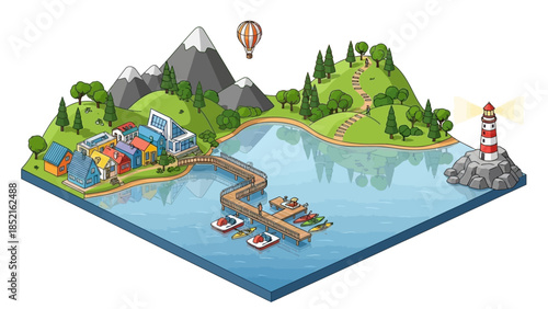 Isometric illustration of a vibrant coastal town with a bustling harbor, a lighthouse, and surrounding natural landscapes.