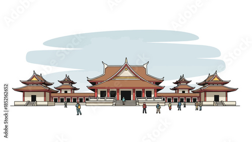 A detailed illustration of a grand traditional East Asian palace complex with multiple pavilions and a central main hall, set against a cloudy sky.