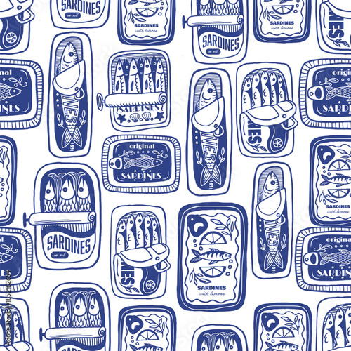 Sardina seamless vector pattern with vintage sardine cans hand drawn nautical illustration