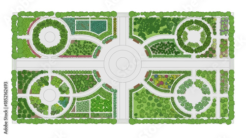 Top-down view of a meticulously designed formal garden with symmetrical layouts, circular flower beds, and manicured hedges.