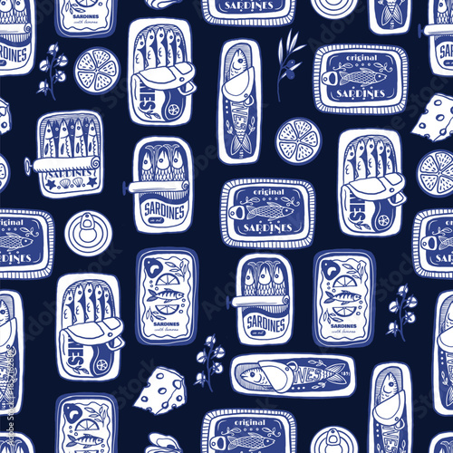 Sardina seamless vector pattern with vintage sardine cans hand drawn nautical illustration