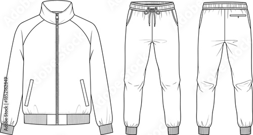 Black and white line art fashion flat sketch of a tracksuit jacket and pants sweatpants joggers