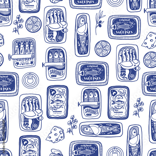 Sardina seamless vector pattern with vintage sardine cans hand drawn nautical illustration