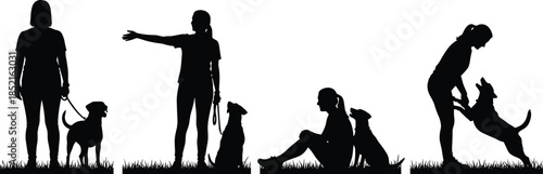 Black silhouettes of people and dogs in various poses on grass dog training walking dog