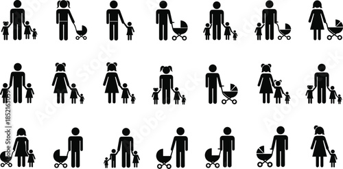 Black stick figure families with children and baby strollers on white family