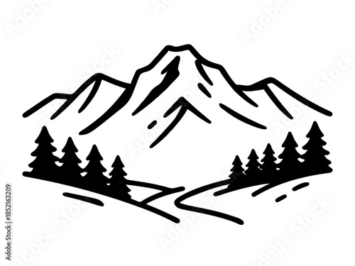Simple drawing of a mountain landscape. Vector for laser engraving. AI generated.