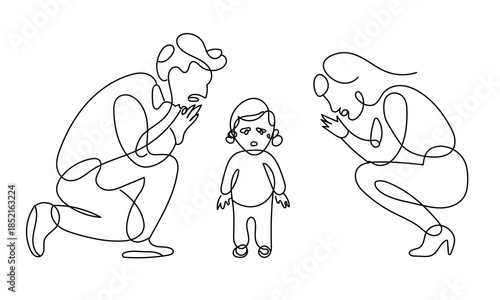 A line art of parents apologies to their children . Parental Worry Over Upset Child 