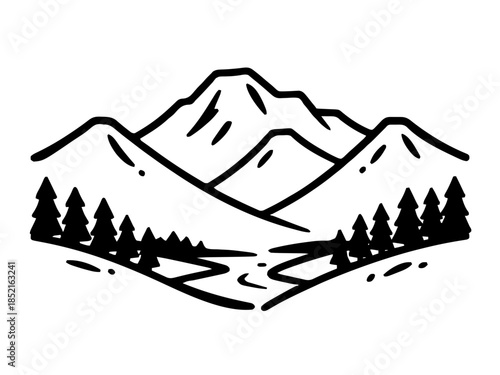Simple drawing of a mountain landscape. Vector for laser engraving. AI generated.