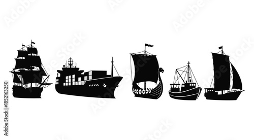 Black silhouettes of five diverse ships on white background boat